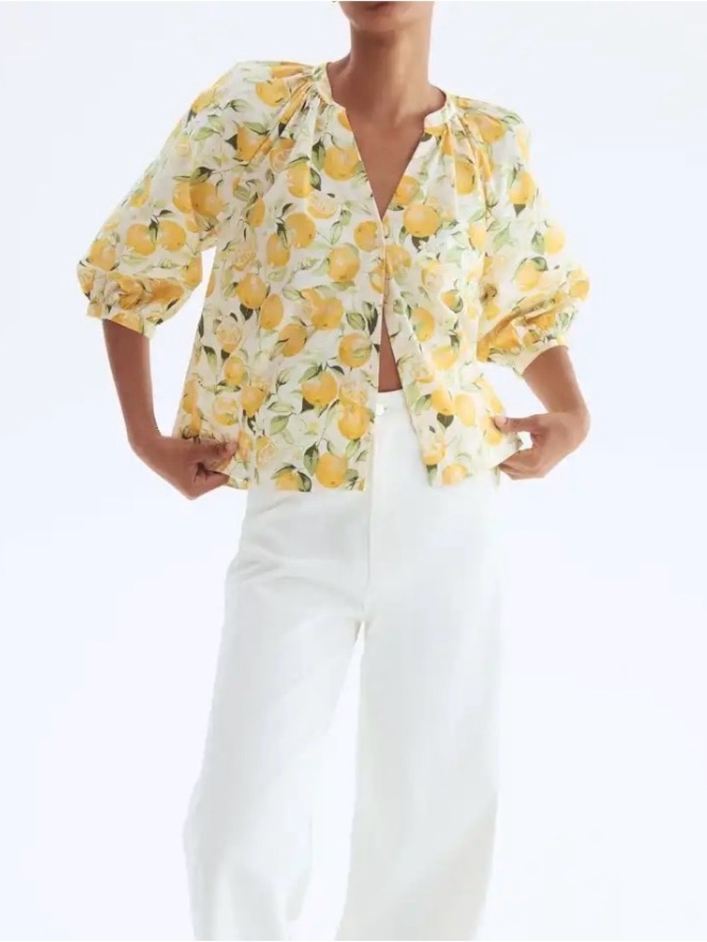 NWOT H&M White Lemon 3/4 Raglan Balloon Sleeved Poplin Cotton Citrus Blouse XS